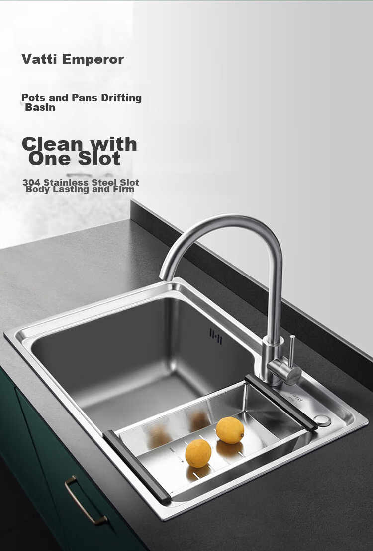 VATTI Kitchen Sink S1, Large Single Bowl Sink, Vegetable Washing Basin, Integrated Basin, 304 Stainless Steel Dishwashing Sink, Tabletop Or Countertop Installation Available 1