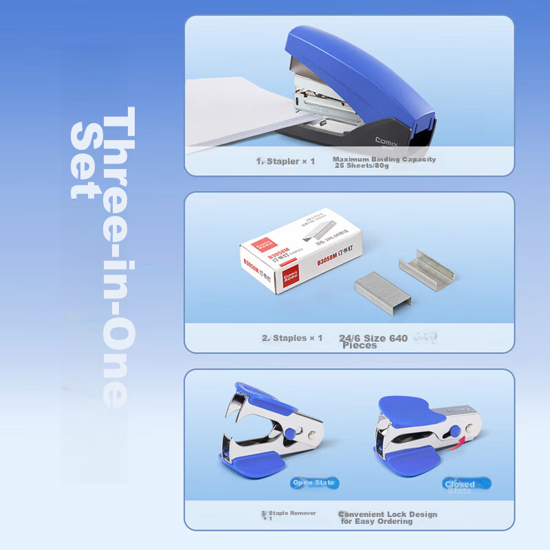 COMIX 12# Office Labor-Saving Stapler 3-Piece Set (Stapler, Staples, Staple Remover) Office Supplies Compatible with 24/6, Free 640 Blue Staples Included EB3019