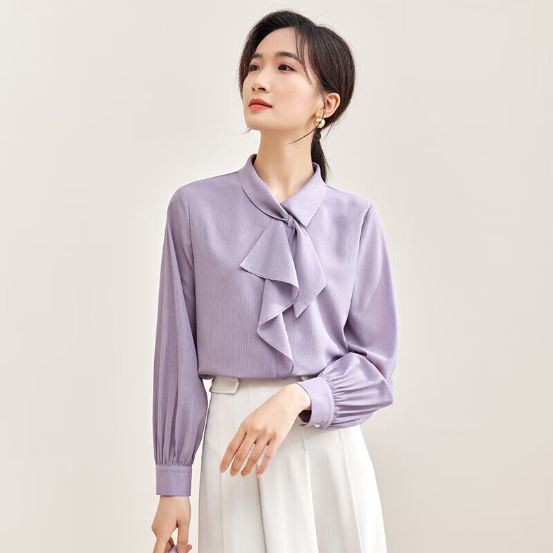 Sentubila Elegant Ribbon Blouse for Women, Spring Women's Wear, Light And Fashionable Long-Sleeve Chiffon Blouse, Versatile Commuter Top