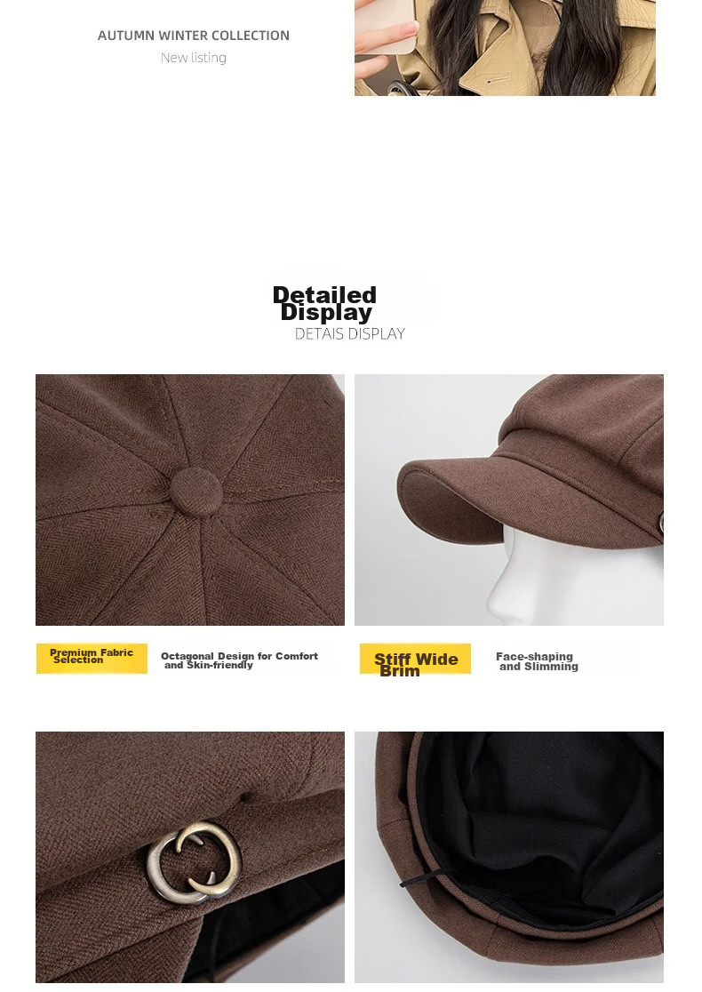 MMOPTOP Women's Beret, All-Season Style, Korean Fashion, British Retro, Versatile, Face-Slimming, Octagonal Cap, Newsboy Cap, Baseball Cap 4