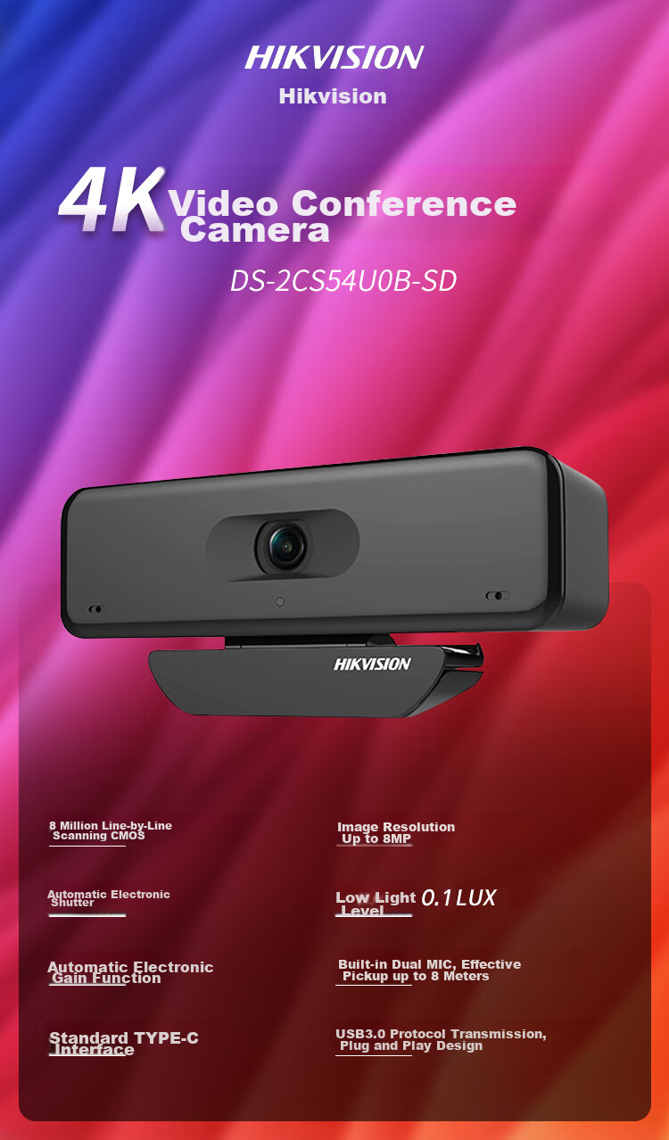 HIKVISION Conference Camera, 8MP Ultra HD Video Conferencing, USB Plug-And Microphone, Conference Solution, Live Streaming, Laptop And Desktop Computer, 54U0B 2