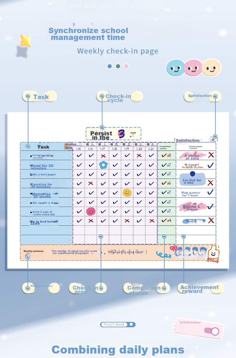 DiLe Self-Discipline Check-In Notebook, A5 Size, Habit Formation, Time Management, Daily Check-In Table, Weekly Planner, Monthly Goal Setting, Study Notebook, 59 Pages/Book, KBX-2227A, Princess Lady 5
