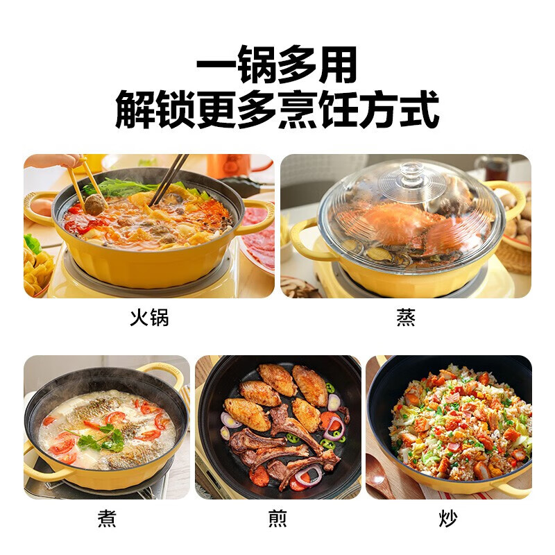 Buydeem Multifunctional Non-Stick Pot, Hot Pot, Steamer Pot, Soup Pot, Compatible with Induction Cooker And Open Flame, for Steaming, Boiling, Stir-Frying And Pan-Frying, 28cm Small Goose Yellow