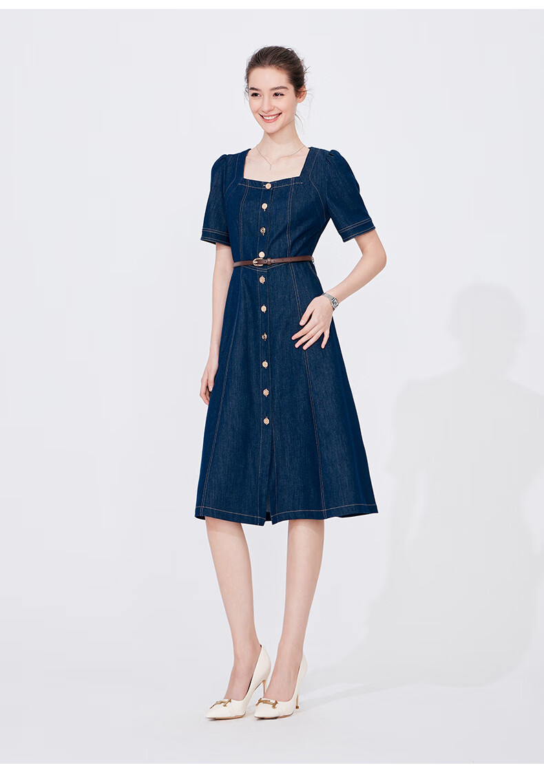 Navigare Women's Vintage Square Neck Denim Skirt, Waist-Cinching Slim-Fit Short-Sleeve Dress 2322874526 1