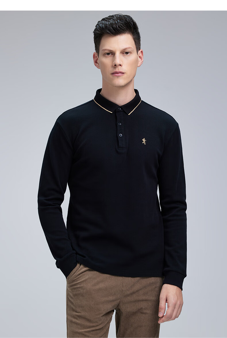 DANCING WOLVES [Upgraded Heavy Pure Cotton] Autumn And Winter Comfortable Basic Inner Layer Men's Long-Sleeve POLO Shirt, 001 Black, Size 165 11