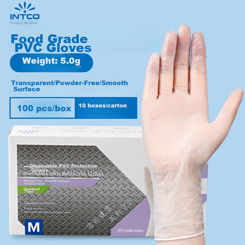 INTCO Disposable Gloves, 100 Pieces, Size M, PVC Gloves for Household Cleaning, Dishwashing, Baking, Waterproof Beauty Protectio