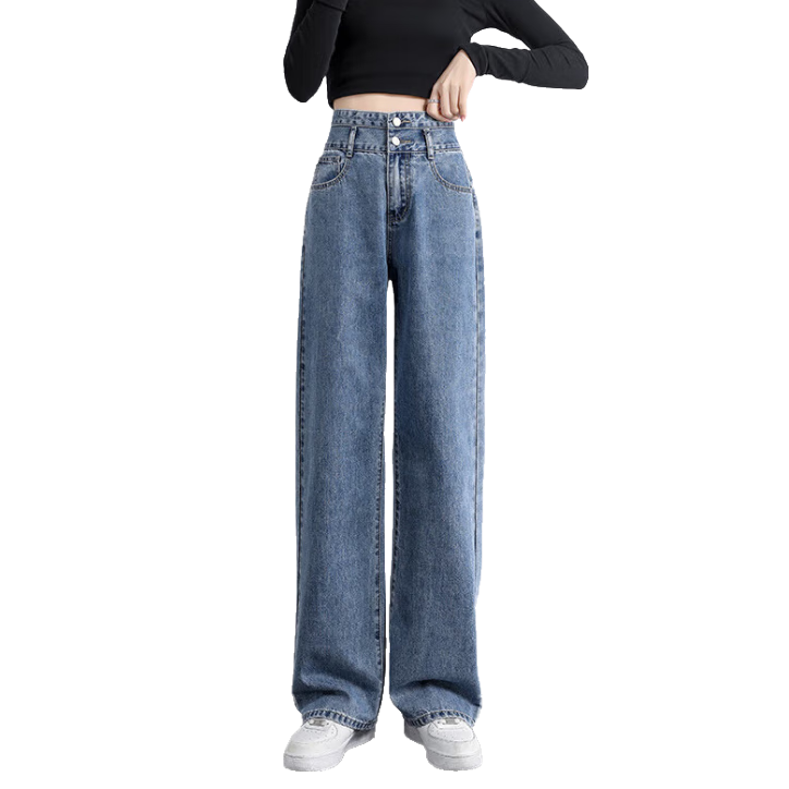Pierre Cardin Women's Summer High-Waist Draped Floor-Length Casual Fashion Versatile Straight-Leg Loose Wide-Leg Jeans Dark Blue 2XL