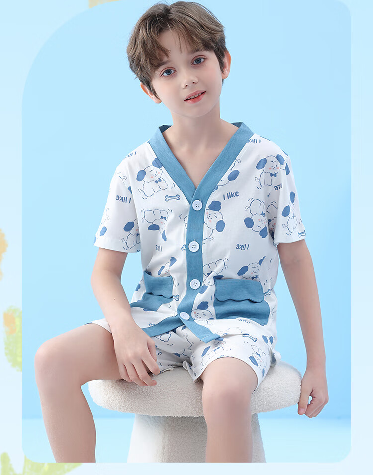 LangSha Children's Pajamas, Boys' Summer Thin V-Neck Short-Sleeve Set, Pure Cotton, Middle School Students' Loungewear Set, Size 120 2