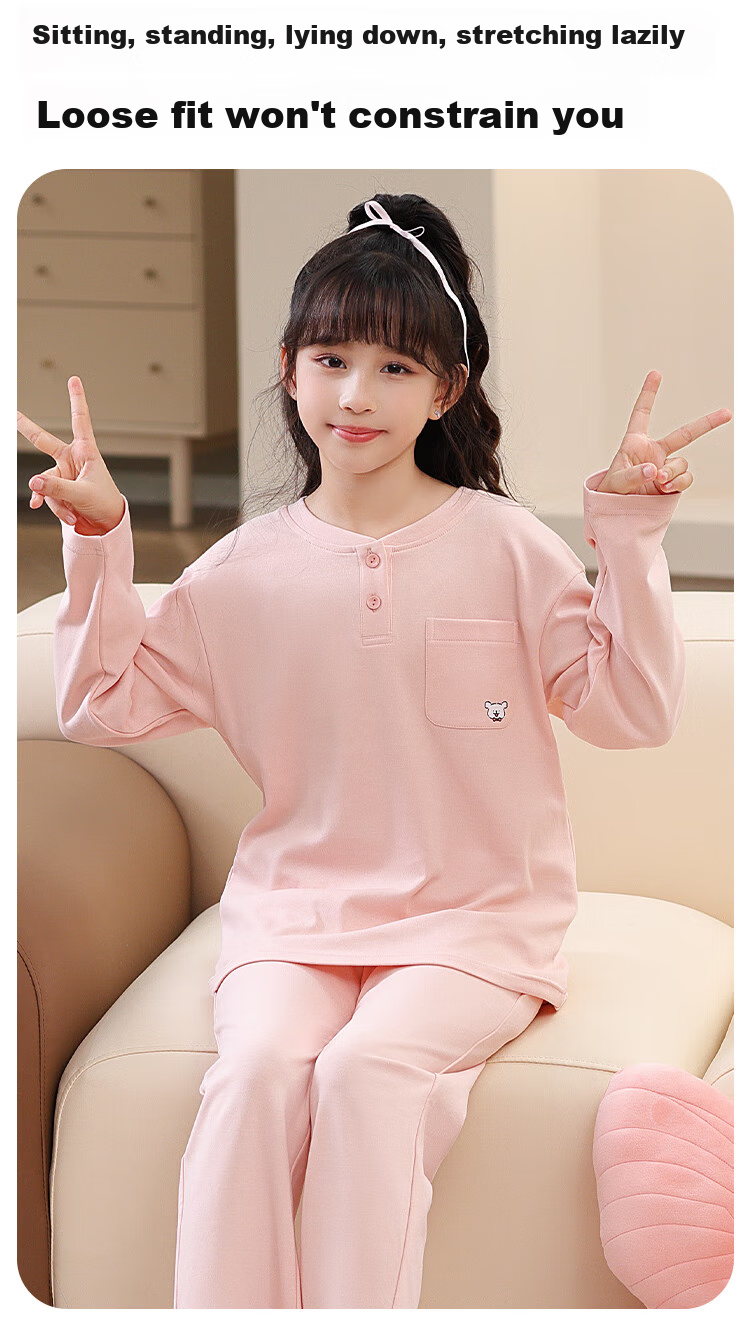 MiiOW Children's Pajamas for Girls, Size 40S, Pure Cotton, 5A Antibacterial, Home Wear Set, Half-Open Collar, Long Sleeves, Light Gray-Green, 150cm 9