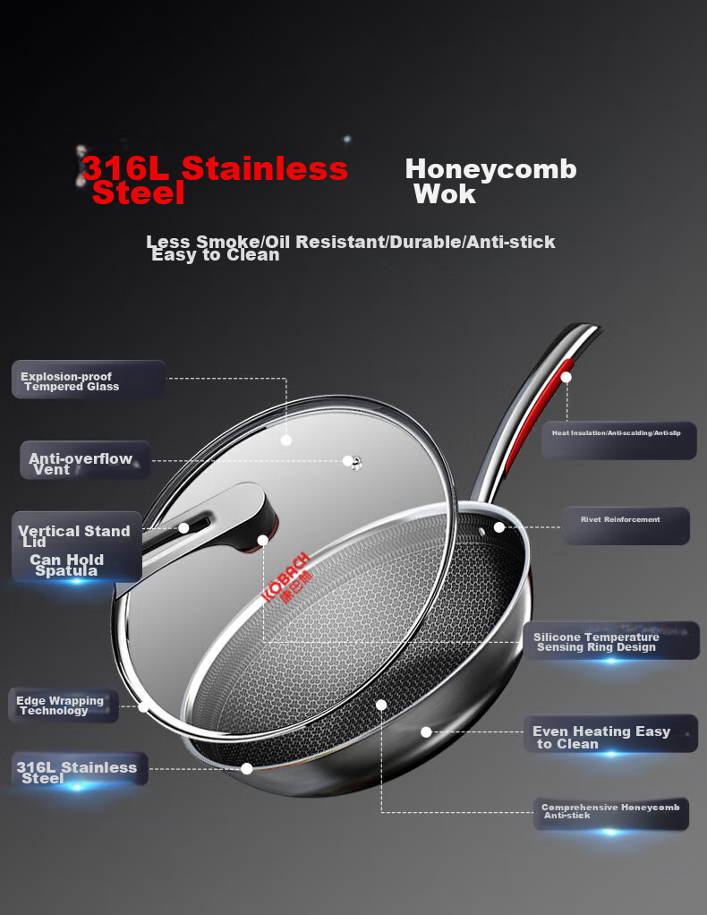 KBH Non-Stick Wok, 316L Stainless Steel Frying Pan, 32cm Honeycomb Flat Bottom Skillet, Compatible with Induction And Gas Stoves 3