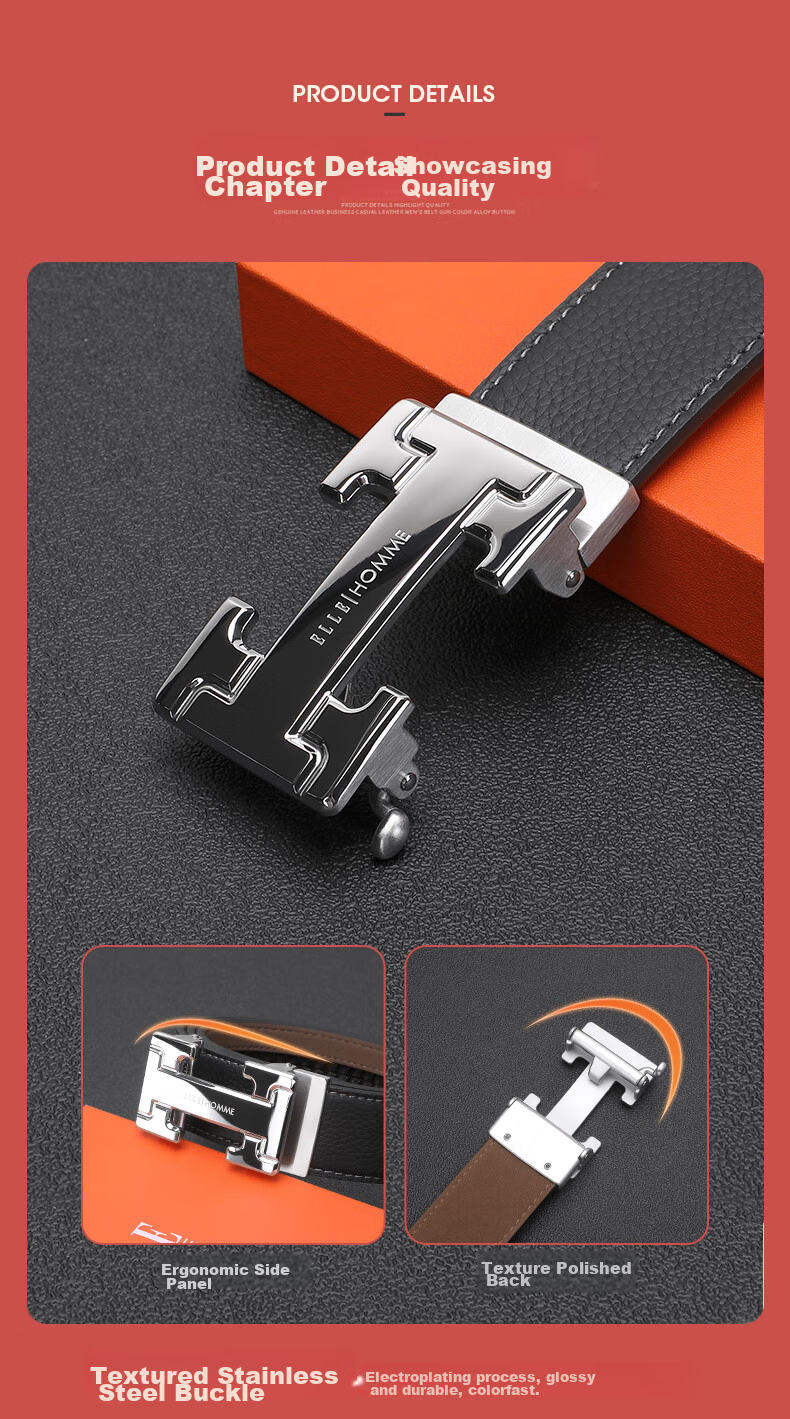 ELLE HOMME Men's Top-Grain Leather Belt, Luxury 304 Stainless Steel Buckle Automatic Waist Belt Trouser Belt, Birthday Gift for Me 4