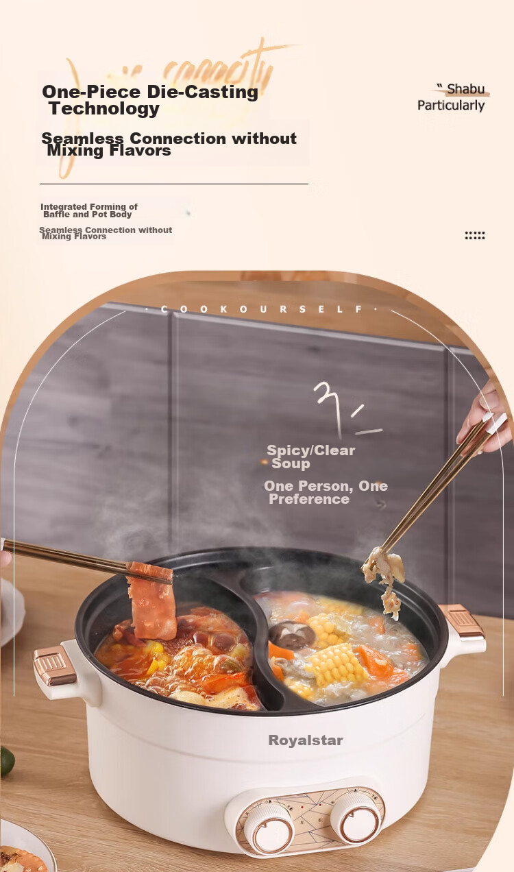 Royalstar Dual-Sided Electric Hot Pot And Wok, Multi-Functional Home Cooking Appliance, All-In Grill, Stir-Fry And Boil Function, 6L Large Capacity Non-Stick Electric Cooker RHG-136B(Y) 20