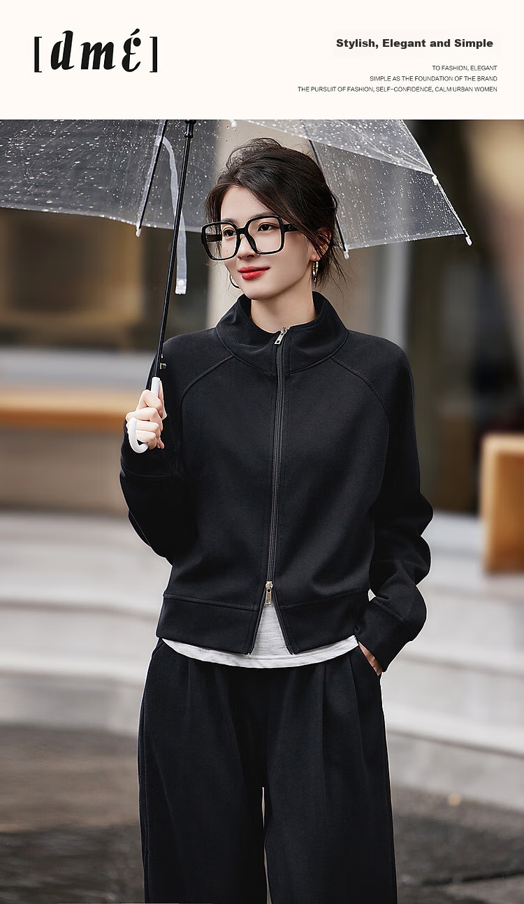 Dme [Wandering Outfit] Spring And Autumn Sporty Style Stand-Up Collar Double Zipper Long-Sleeve Top Casual Pants Women's Two-Piece Set 1