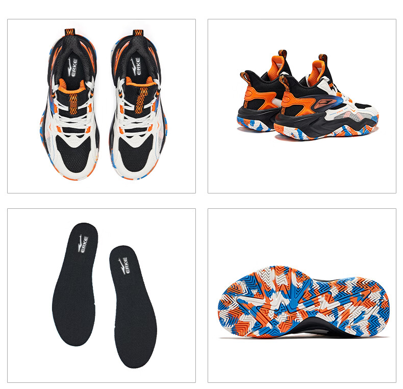 ERKE Children's Basketball Shoes for Spring, Boys' Lace-Up Shock-Absorbing Sneakers, Micro-Crystal White/beeswax Orange, Size 39 47