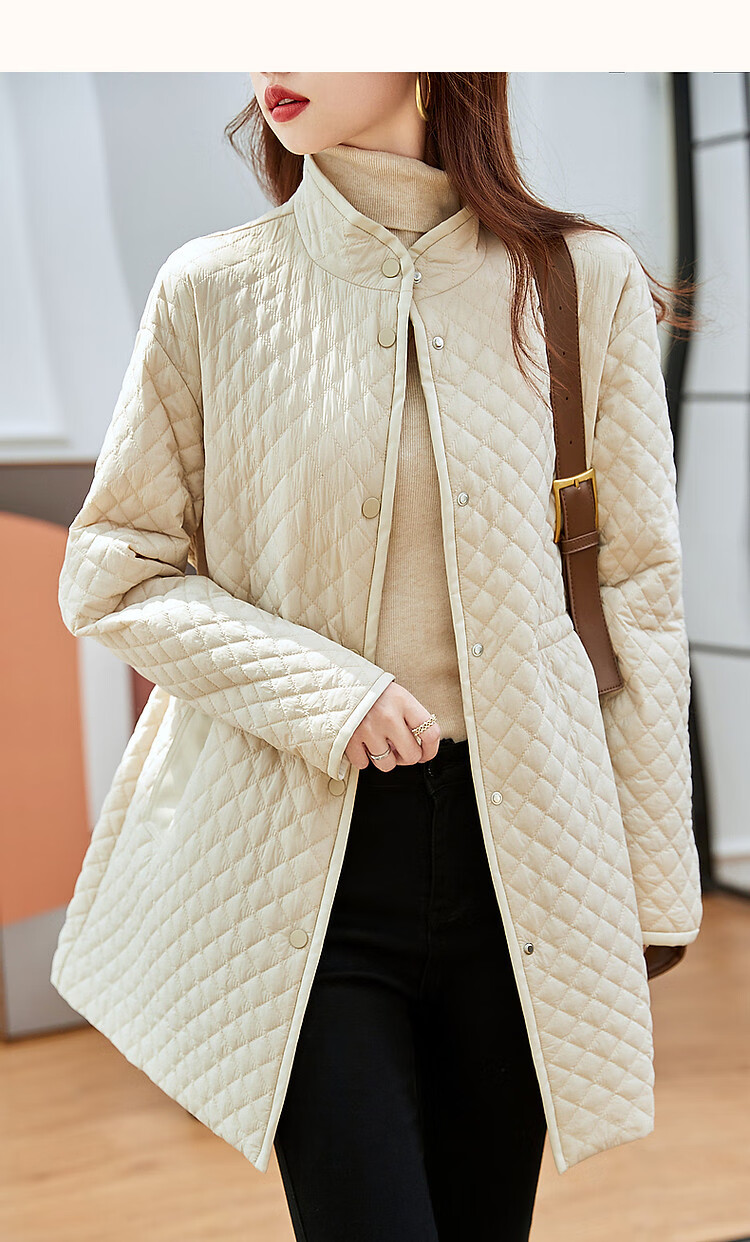 Dme [Quilted Diamond-Patterned Cotton Coat] Winter Stand-Collar Loose Drop-Shoulder Anti-Chafe Padded Jacket for Women, Mid-Length Style, Black, Size M 9