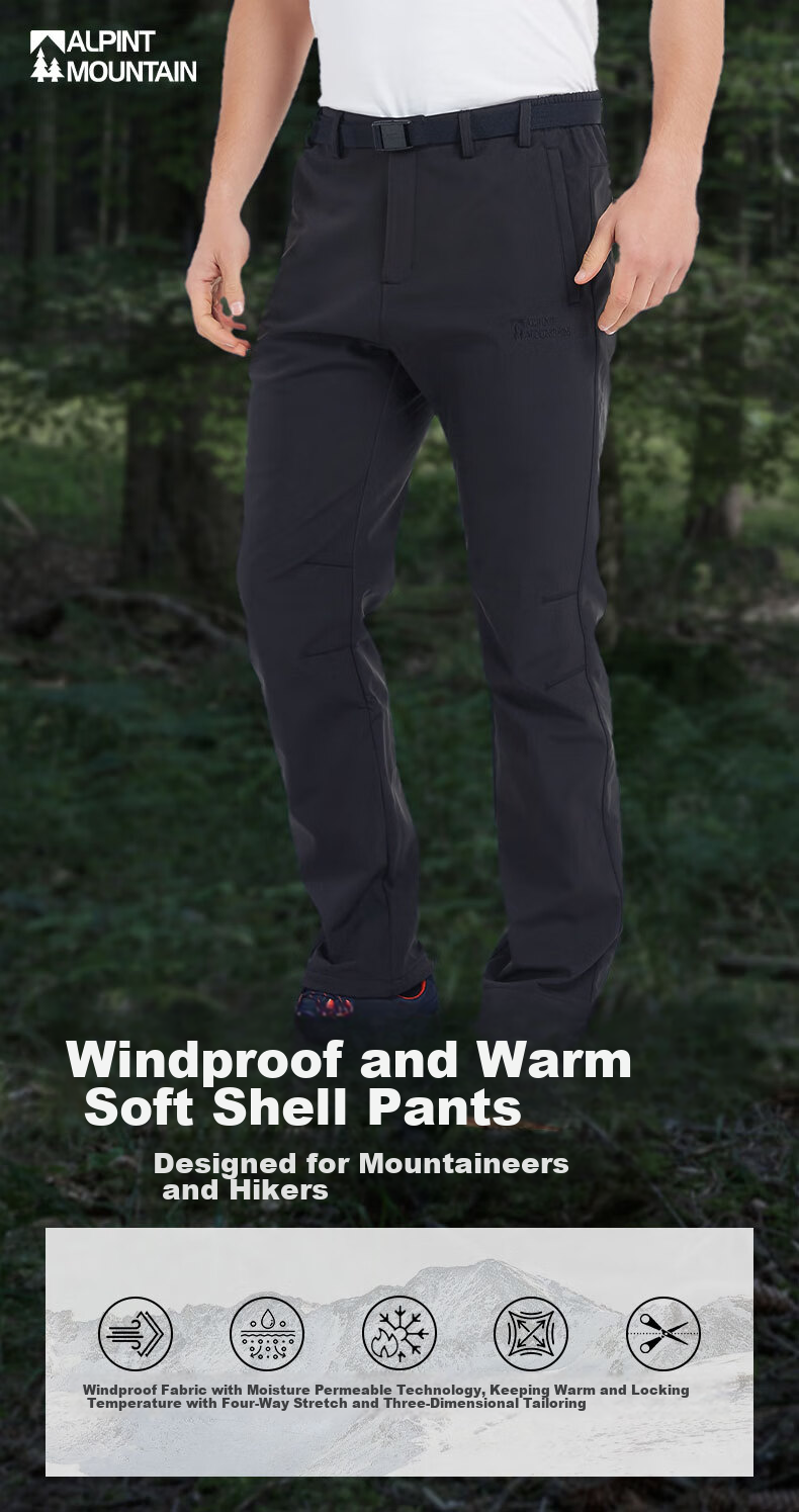 ALPINT MOUNTAIN Fleece-Lined Soft Shell Pants for Men And Women, Autumn And Winter Outdoor Cold-Resistant Hiking Trousers, Waterproof Fleece-Lined Tactical Pants for Winter 1