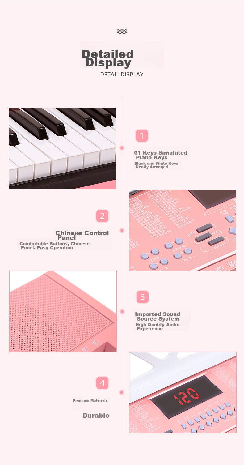 Meirkergr MK-288 Pink Basic Version + Stand, 61-Key Multifunctional Teaching Electronic Keyboard, Children's Beginner Musical Instrument, Connects Microphone, Headphones, Mobile Phone, Pad with Stand 9
