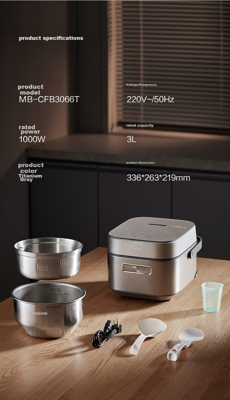 Midea Pure Titanium 0 Coating Low Sugar Rice Cooker, 3L Electric Rice Pot for Home Use, 2-3 People, Chiyang Charcoal Fire 1000W Electromagnetic IH Dual Heating Source, Titanium Pot Set 19