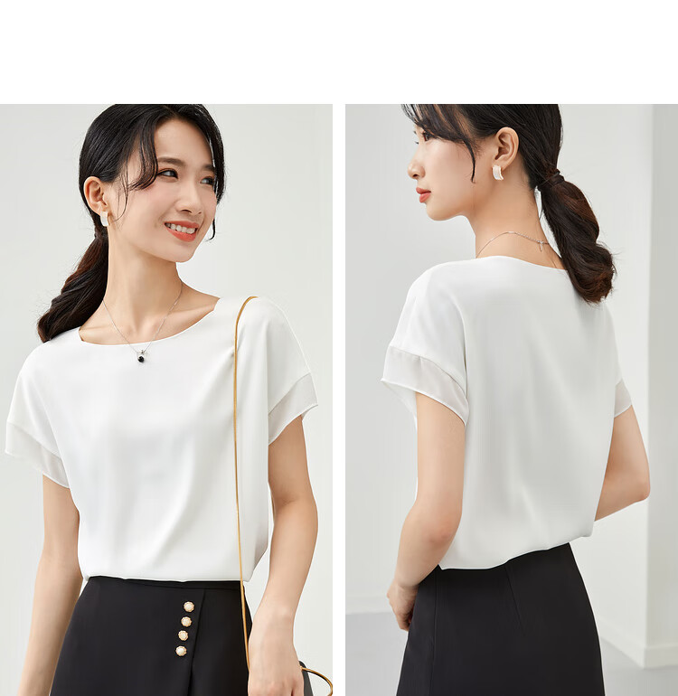Sentubila Spliced Short-Sleeve Chiffon Blouse for Women, Slimming Tummy-Covering Top, Summer Lightweight Casual T-Shirt, Light Blue, S 26