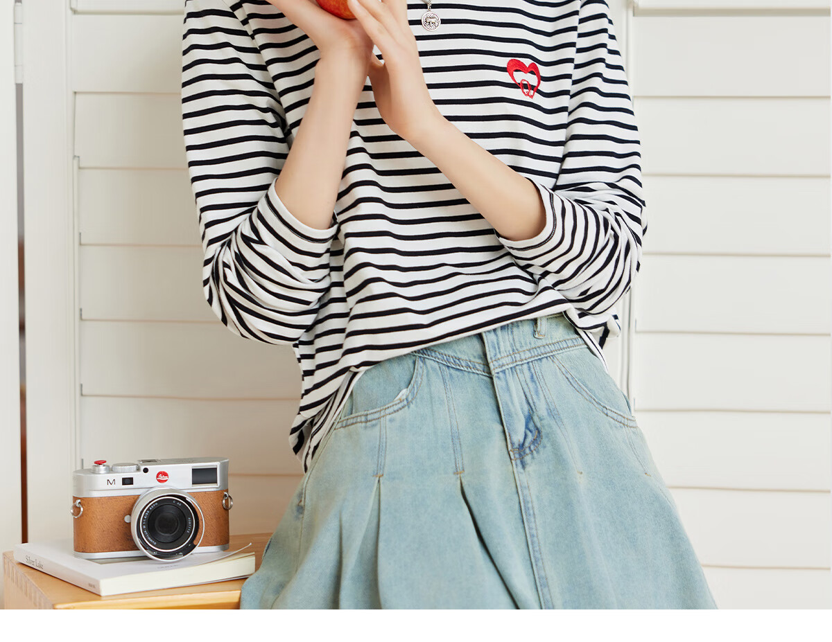 Halo Queen Long-Sleeve T-Shirt for Women, Spring And Autumn Round Neck, Heart Embroidery Striped Base Shirt, Casual Fashion Top, New Product H143T2005 40