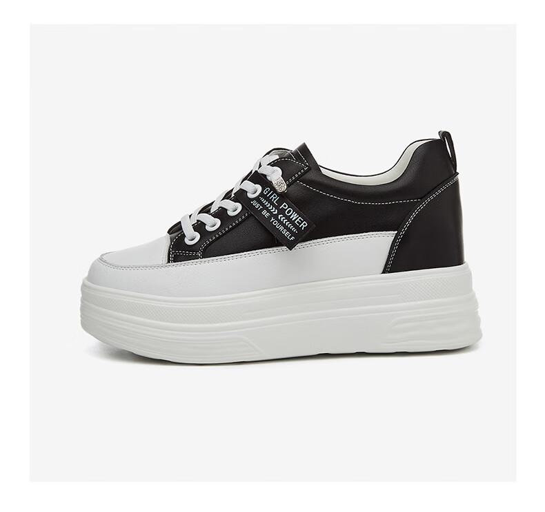 DAPHNE Women's White Leather Versatile Thick-Soled Casual Sneakers with Hidden Heel, Style 4623101013, Black, Size 34 15