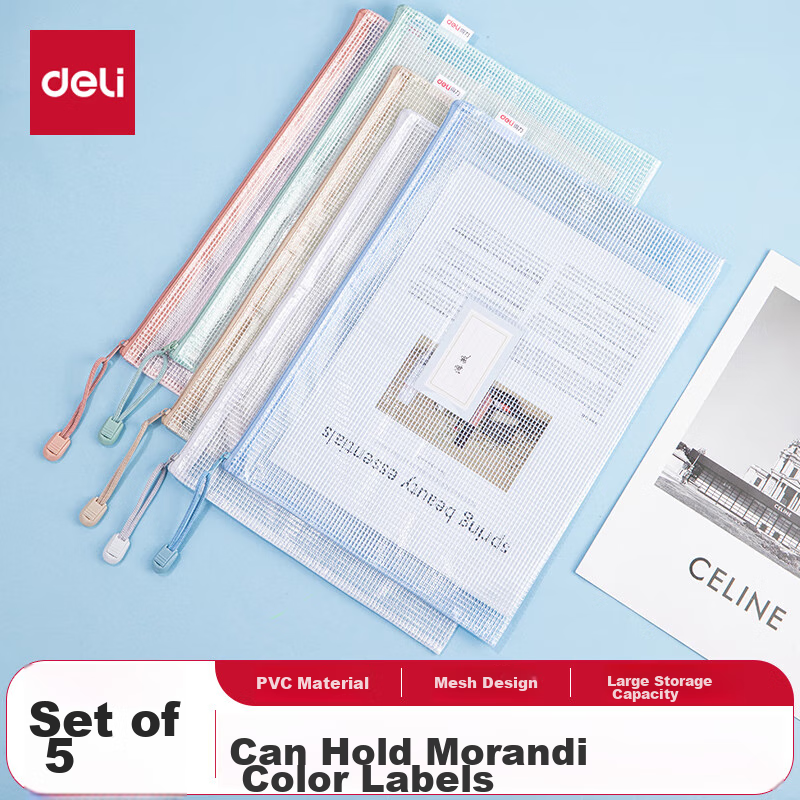 Deli Back-To Stationery, 5 A4 Grid Zipper Pouches, File Folders for Students' Subject Classification, Label Style, Morandi Mixed Colors 63484A