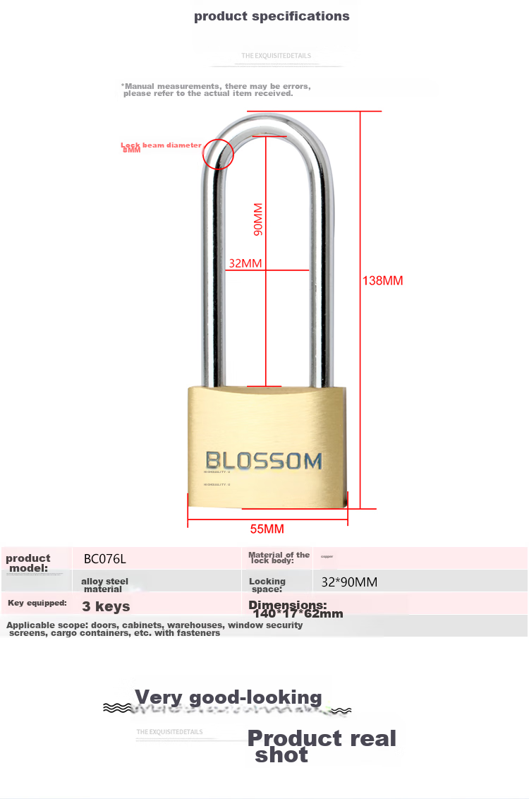 BLOSSOM Copper Padlock, U-Shaped Lock, Waterproof And Rust-Resistant Long-Shaft Door Lock, Cabinet Door Lock 55MM BC076L 9