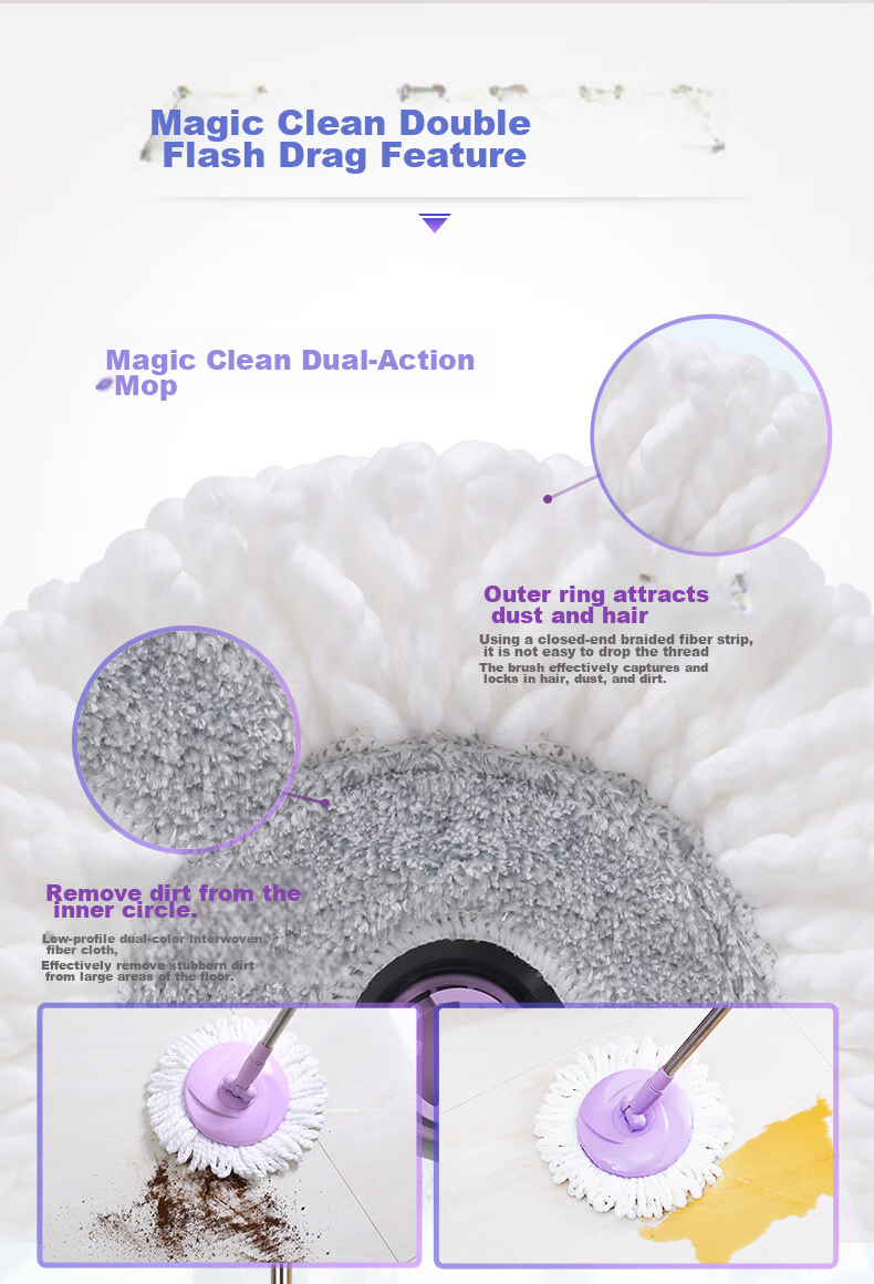 MIAOJIE Rotating Mop with 2 Heads, 27cm Handle Length 130cm, Lazy Household Use, All-In No Hand Washing Required, Wet And Dry Dual-Use, Absorbent with Bucket 3
