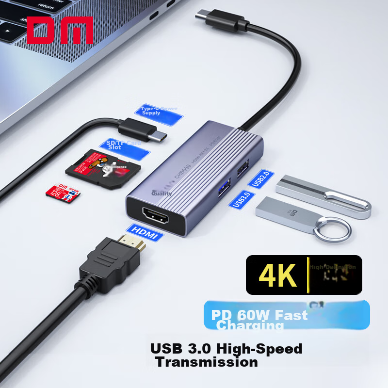 DM Daimai Type-C Six-In Expansion Dock, USB-C to HDMI Adapter, Apple Huawei Computer IPad Converter, 4K Screen Mirroring Expansion Card Reader, CHB059