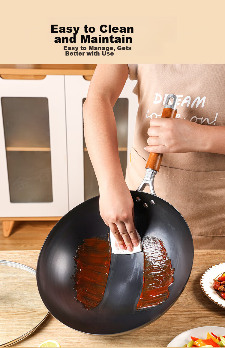 Jincun Wok Iron Pan Lightweight Stir-Fry Pan Non-Coated Rust-Resistant Round Bottom Pure Iron Non-Stick for Gas Stove 34cm 8