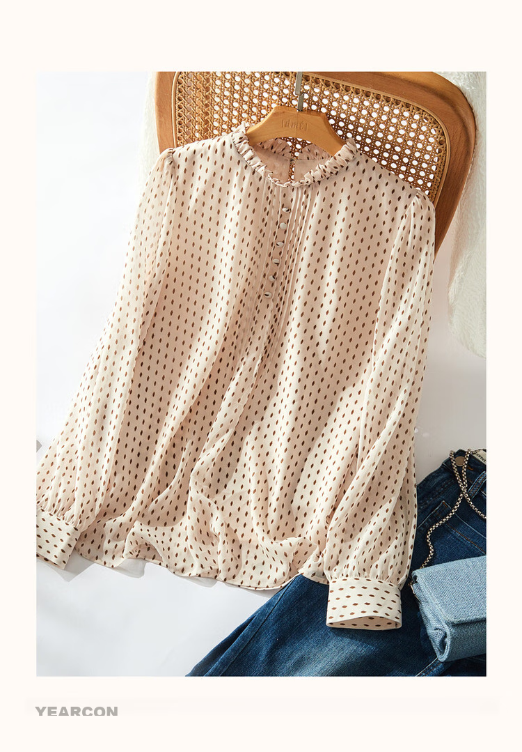 Dme [Polka Dot Puff Sleeve Blouse], Spring And Autumn Stand-Collar Fitted Long-Sleeve Commuter Shirt, Women's Top 10