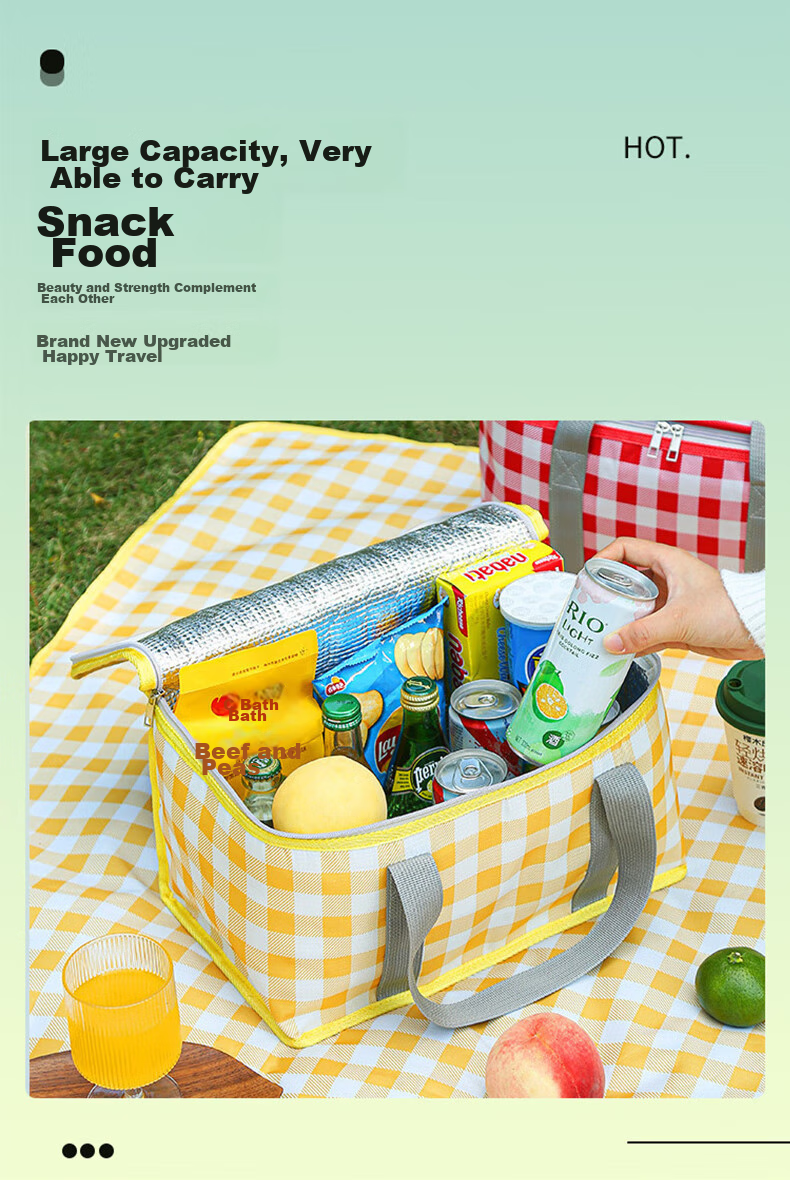 JOYTOUR Insulated Picnic Bag, Outdoor Portable Folding Camping Lunch Box Bag, Cold Storage Bag, Travel Picnic Basket, Yellow And White Checkered Patter 4