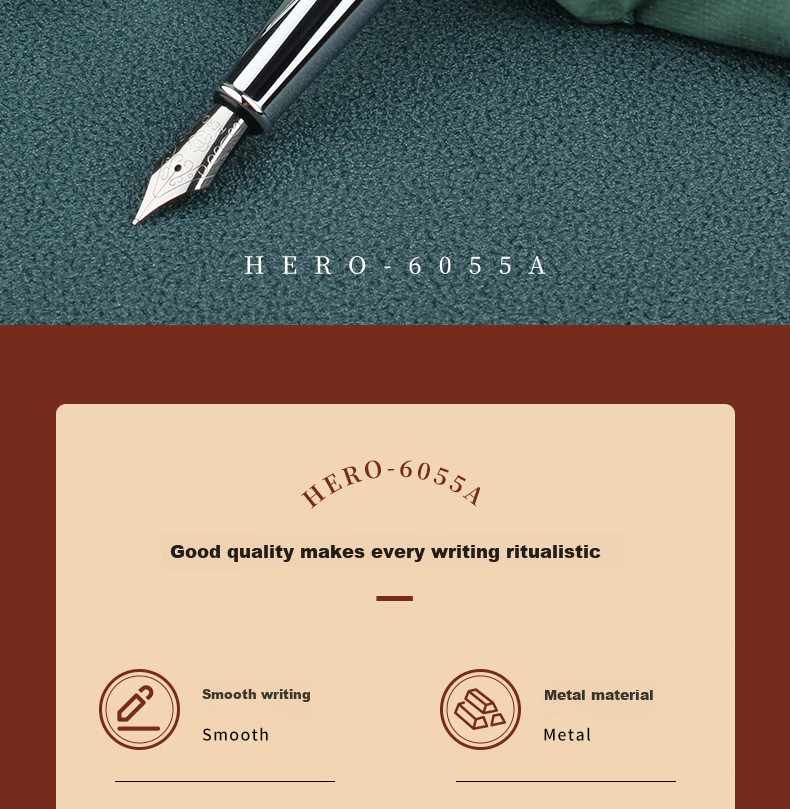 HERO Fountain Pen, Gift Box Morandi Contrasting Color Iridium Gold Fountain Pen, Business Office Neutral Signature Pen Ink Set, Twilight Green Glossy Finish 2