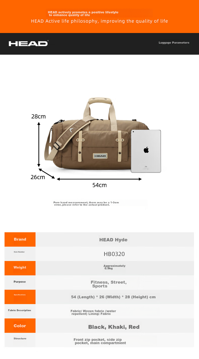 HEAD Travel Bag, Large Capacity Business Short-Trip Luggage Bag, Handheld Water-Resistant Gym Bag for Wome 8
