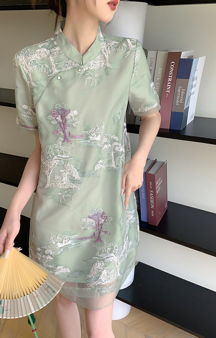 Dme [Banshixi Mingyue] Summer Chinese-Style New Light-Weight Faux Tencel Embroidered Comfortable Concealing Semi-High Collar Dress 10