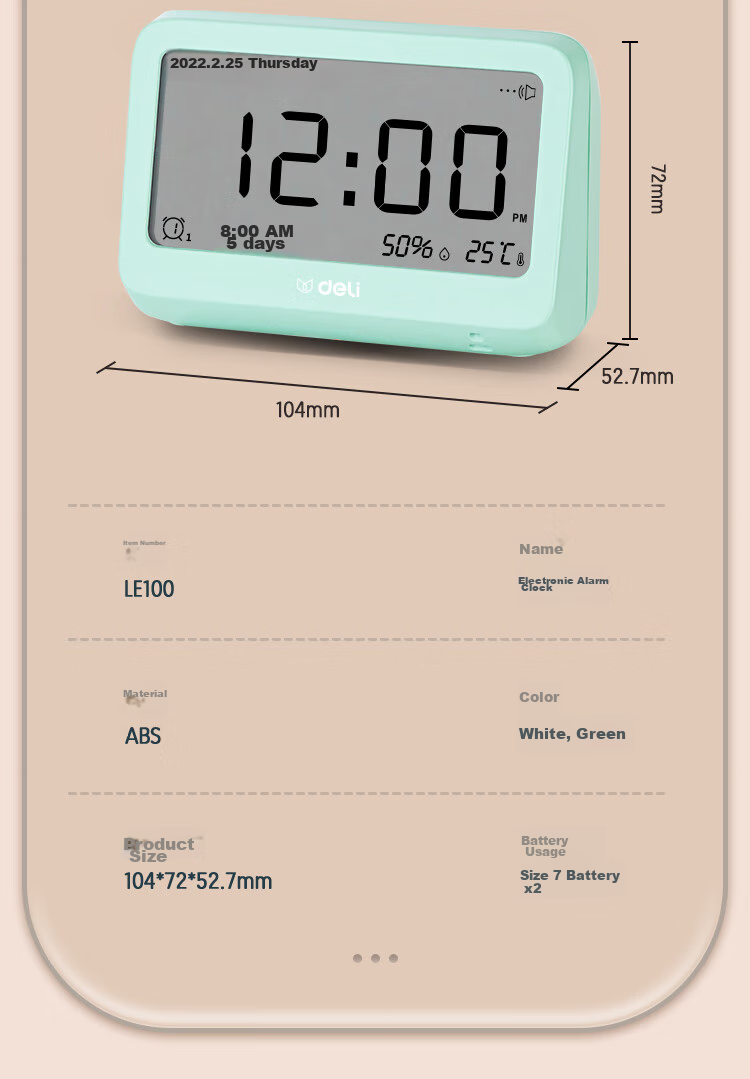 Deli Multifunctional Electronic Alarm Clock, Thermometer And Time Management, Student Back-To Bedroom, Green-LE103 15