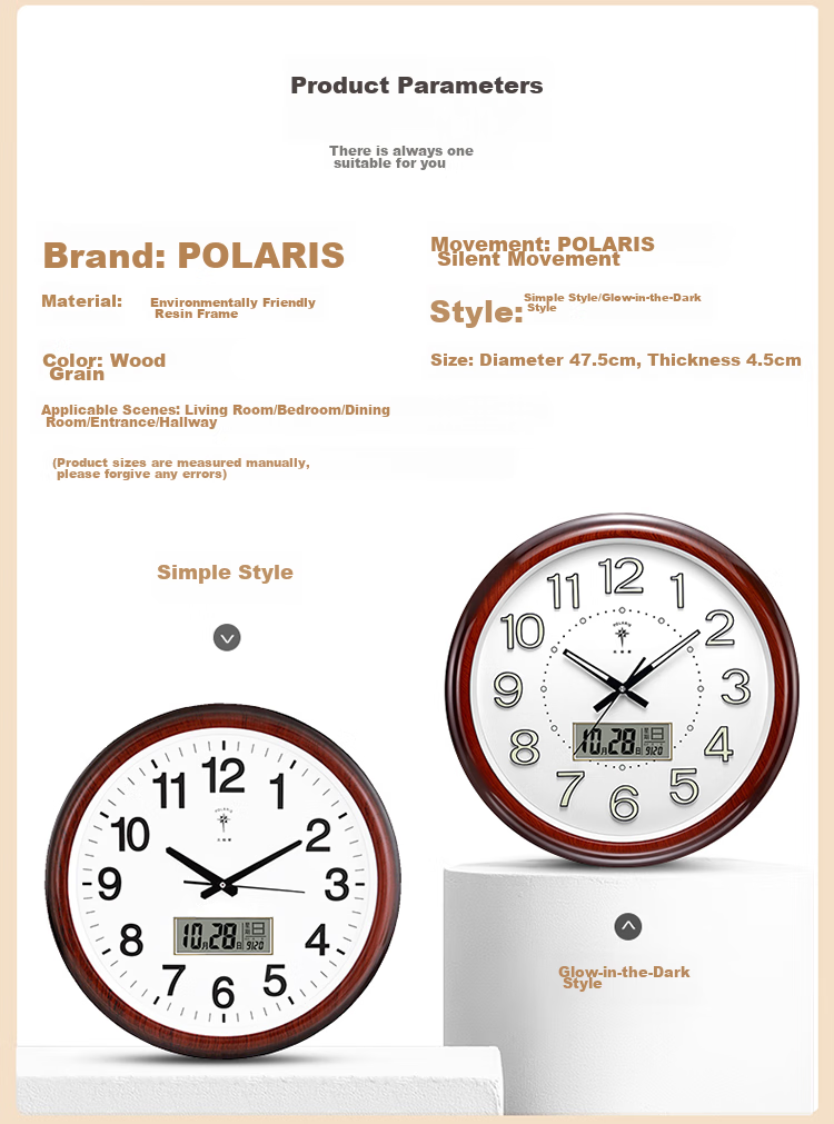 POLARIS Wall Clock, Living Room Fashion Simple Wall Clock Calendar Display LED 2901 Quartz Clock, Rosewood Color, New Year Refreshing Gift 8