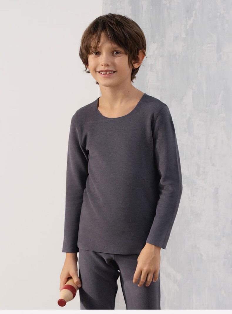 Aimer Kids Thick Warm Boys' Thermal Underwear Set with Round Neck, Cuttable, Autumn Thermal Top And Pants, Charcoal Black, Size 170 9