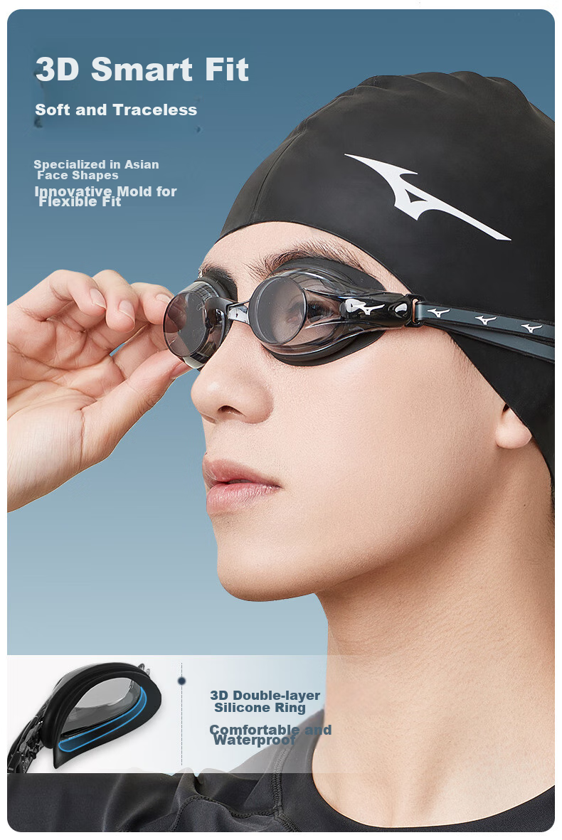 MIZUNO Men's Knee-Length Swim Shorts, Professional Anti-Embarrassment Swimwear And Goggles Set, Three-Piece Equipment, 1127 Black, Size L 13
