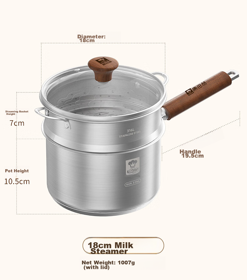 KOBACH 316L Stainless Steel Baby Food Milk Pot with Steamer Basket, Infant Cooking and Frying Multi-Function Small Milk Pot, 16cm Noodle Pot 19