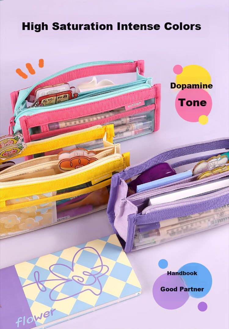 Kinbor Dopamine Colorful Large Capacity Transparent PVC Exam-Specific Pencil Case with Zipper, Multi-Layer Storage Stationery Box for Middle And High School Students, Purple DT55566 3