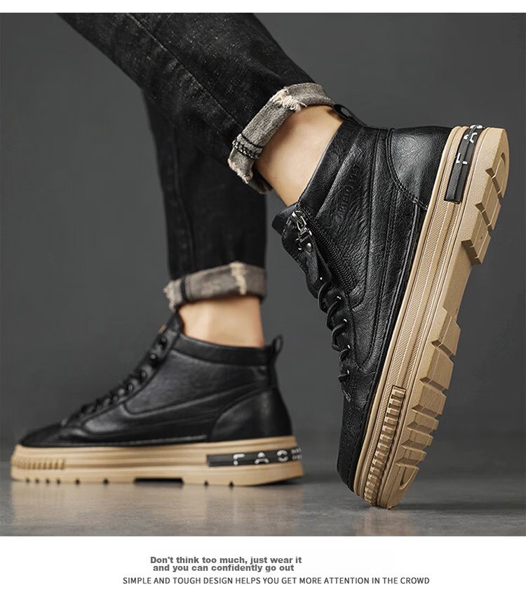CARTELO Men's Shoes, Spring 2026 Popular High-Top Casual Leather Shoes, Thick-Soled Work Boots for Men, Black, Size 43 10