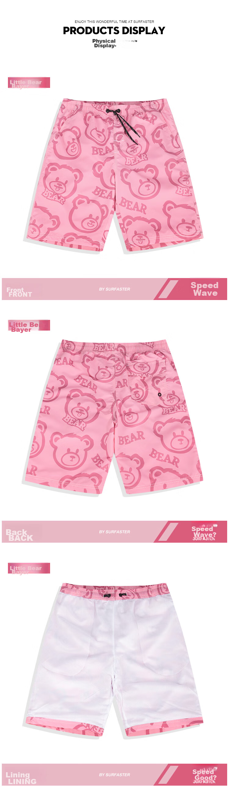 Sulang Pink Beach Shorts for Men, Quick-Drying, Suitable for Water Activities, Little Bear Bayer (Basic Style with Lining), Size M 15