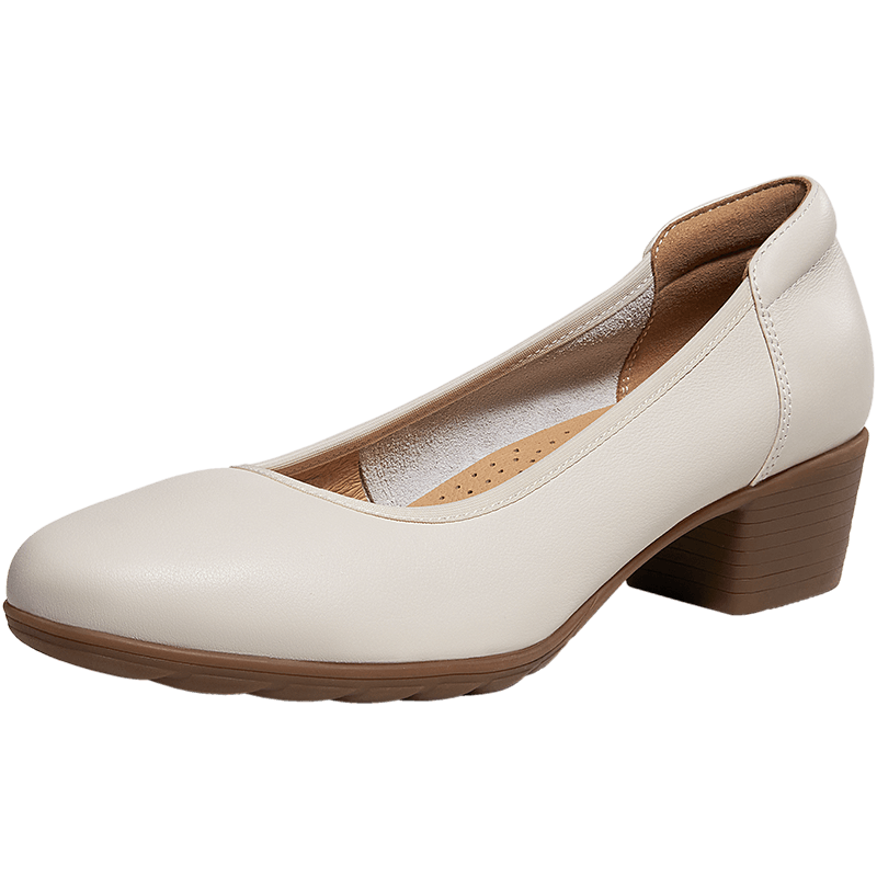 CAMEL Brand Comfortable Women's Work Shoes, Wedding Shoes, Mary Jane Shoes, Leather Shoes with Chunky Heel, Single Shoes P23S155021 Beige 38