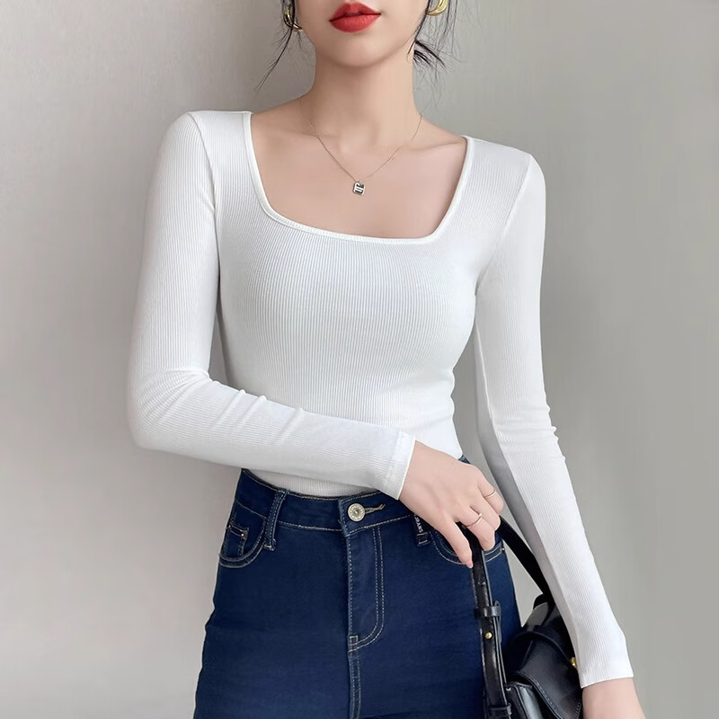 NOME Square Neck Ribbed Long Sleeve T-Shirt for Women, Autumn New Style Design Waist-Cinching Slimming Inner Layer Top, Black, Size S