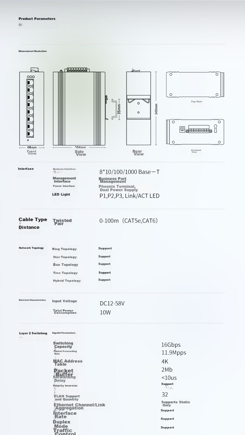 KeepLINK KP-9000 Lightweight Managed Industrial Switch, Gigabit 8-Port Rail-Mounted with Metal Casing / Unit 9