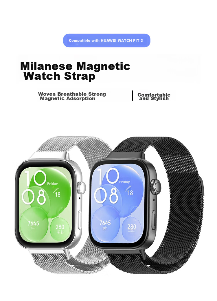 ESCASE Compatible with Huawei Watch Fit5 Strap, Fits4 Pro/fit3 Milanese Loop, Stainless Steel Waterproof Wristband, Magnetic Clasp, Breathable And Comfortable, Black 1