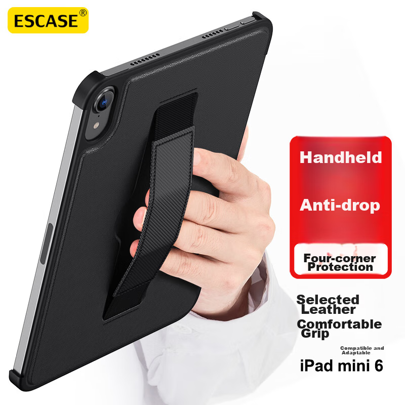 ESCASE IPad Mini 7 Case, IPad Mini 6 Protective Cover, Handheld Apple Tablet Computer, Apple Cooling Stand, Slim Shockproof Extendable Elastic Band - Black