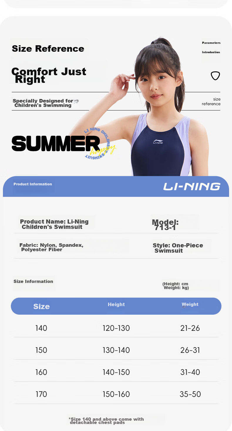 Li-Ning Youth Swimsuit, Girls' Comfortable One-Piece Sleeveless Boyleg Professional Training Swimwear, 7131 Pink, Size 170 9