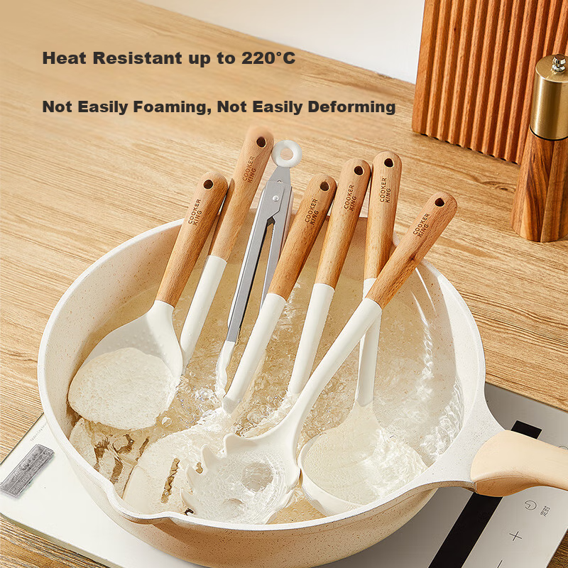 Chuidahuang Silicone Soup Ladle, Wooden Handle Non-Stick Soup Ladle for Hot Pot, Heat-Resistant, White